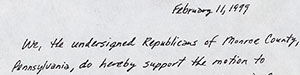 A letter from Pennsylvania’s Monroe County Republic Committee in which they censured Specter for his “not proven” vote. In <em>Passion for Truth</em>, Specter refers to the letter, saying, …